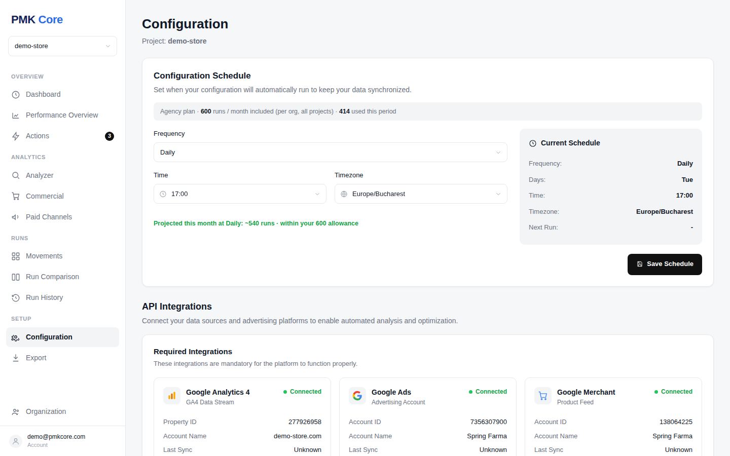 Configuration: connected integrations, data sources and plan-aware run schedule