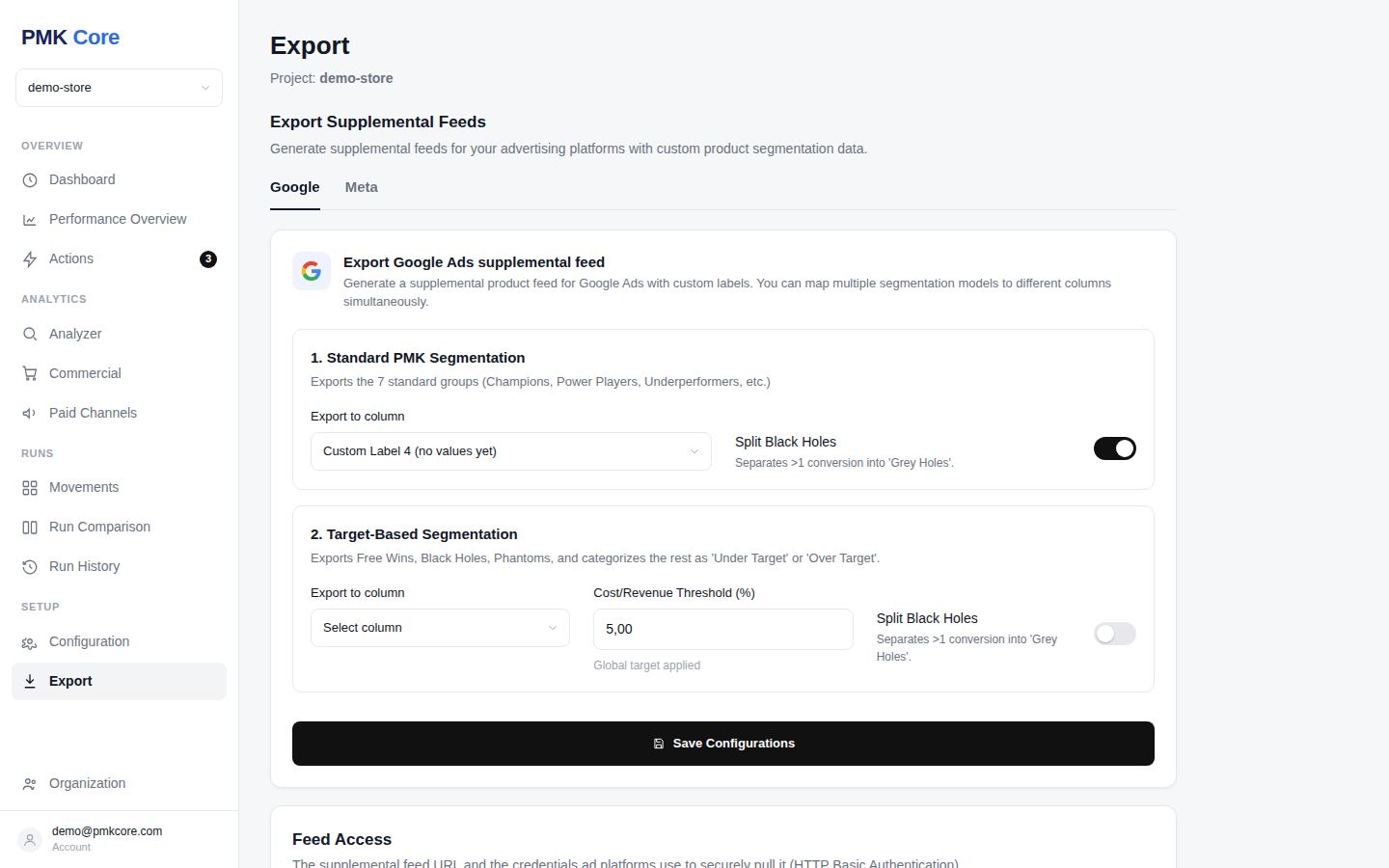 Export: Google and Meta supplemental feed configuration with custom label columns